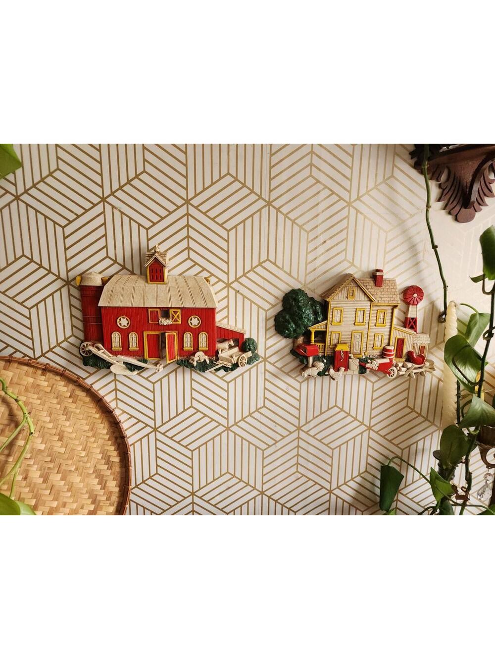 Vintage 1970s Red Barn & Farmhouse Wall Art Plaques Hard Plastic Rustic